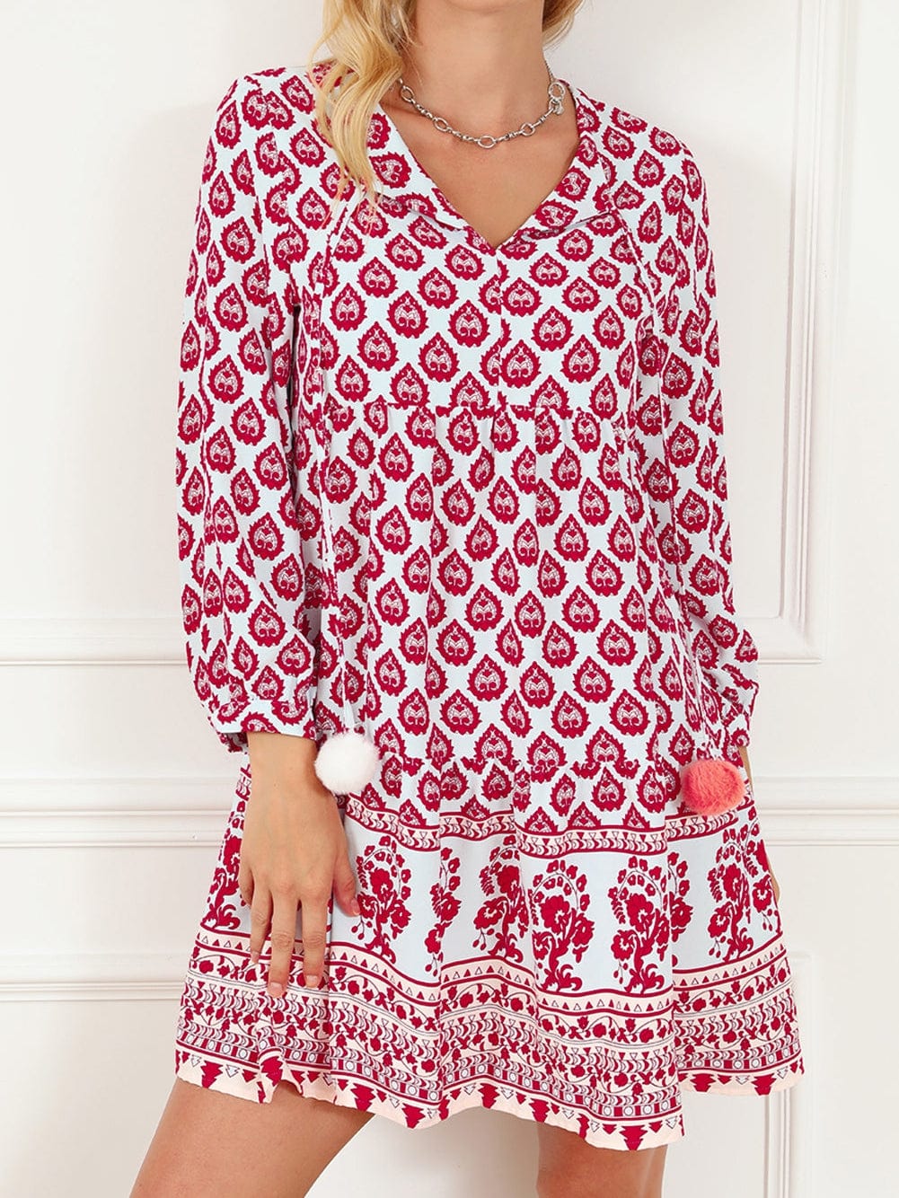 Bohemian Rose Red Tassel Trim V-Neck Puff Sleeve Shift Dress