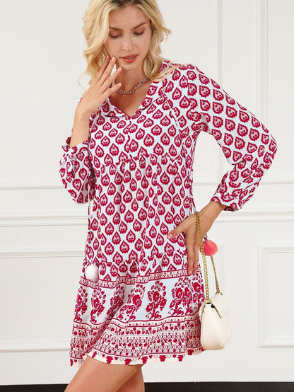 Bohemian Rose Red Tassel Trim V-Neck Puff Sleeve Shift Dress