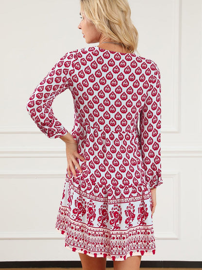 Bohemian Rose Red Tassel Trim V-Neck Puff Sleeve Shift Dress