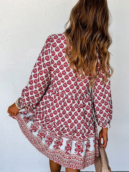 Bohemian Rose Red Tassel Trim V-Neck Puff Sleeve Shift Dress