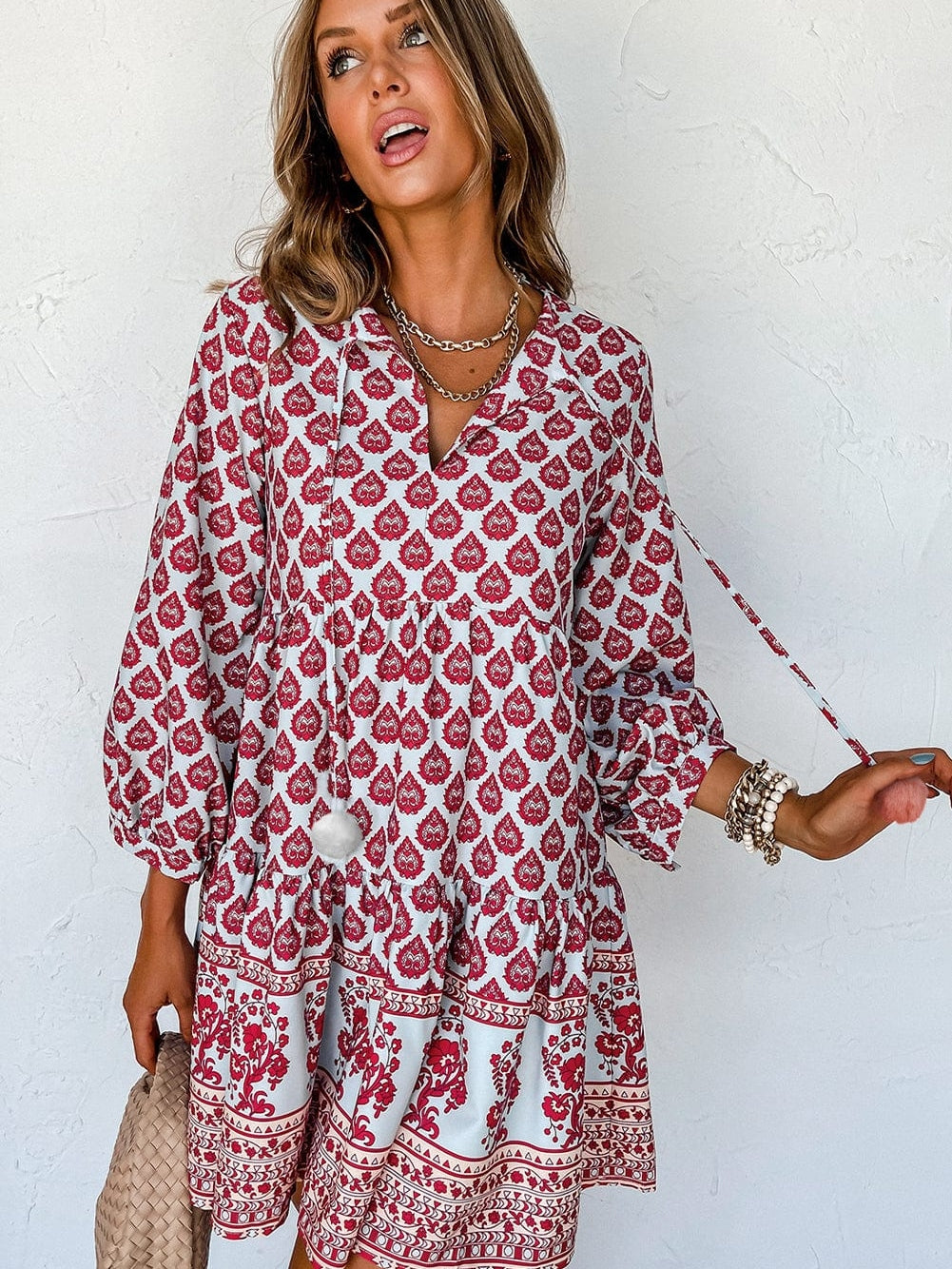 Bohemian Rose Red Tassel Trim V-Neck Puff Sleeve Shift Dress