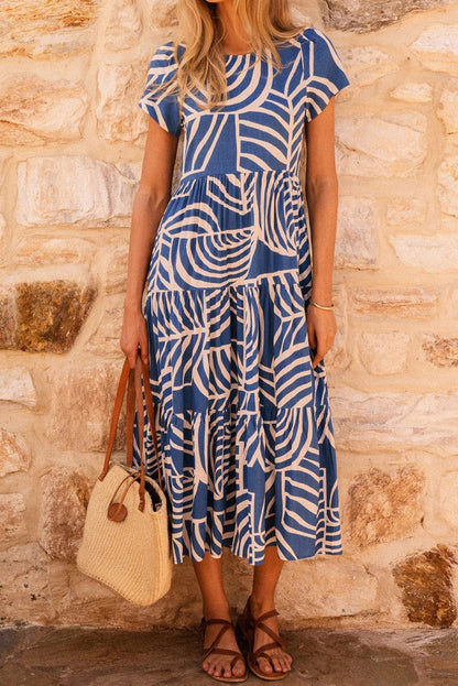 Bohemian Sky Blue Geometric Print A-Line Maxi Dress