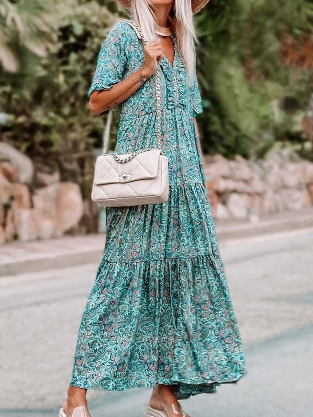 Bohemian Sky Blue Paisley Ruffle Maxi Dress with Mediterranean Vibes