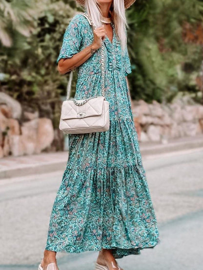 Bohemian Sky Blue Paisley Ruffle Maxi Dress with Mediterranean Vibes