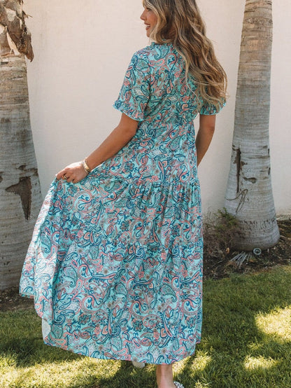 Bohemian Sky Blue Paisley Ruffle Maxi Dress with Mediterranean Vibes
