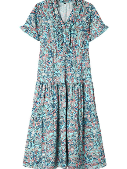 Bohemian Sky Blue Paisley Ruffle Maxi Dress with Mediterranean Vibes