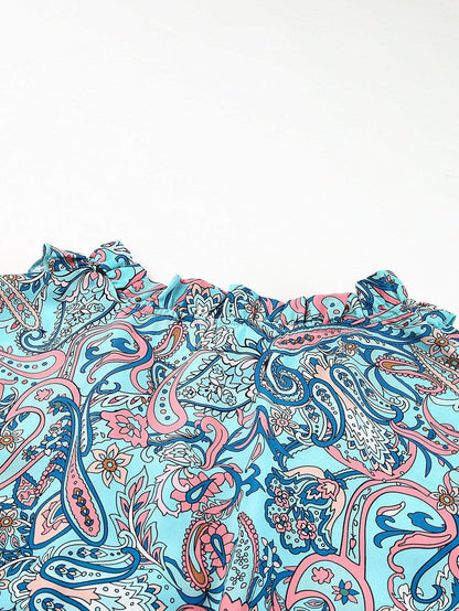Bohemian Sky Blue Paisley Ruffle Maxi Dress with Mediterranean Vibes
