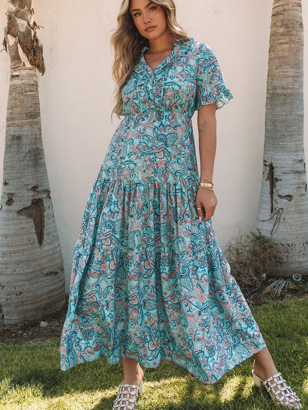 Bohemian Sky Blue Paisley Ruffle Maxi Dress with Mediterranean Vibes