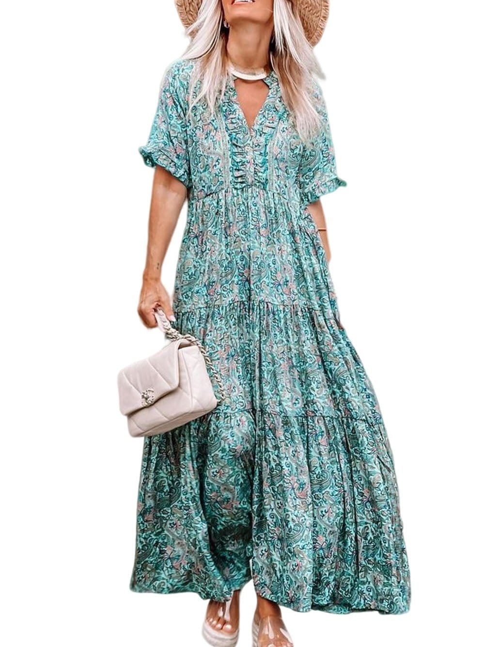 Bohemian Sky Blue Paisley Ruffle Maxi Dress with Mediterranean Vibes