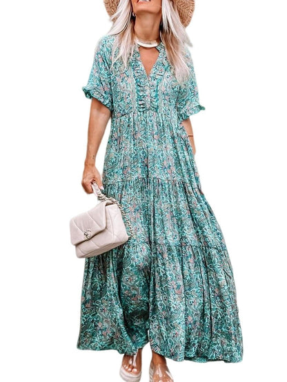 Bohemian Sky Blue Paisley Ruffle Maxi Dress with Mediterranean Vibes