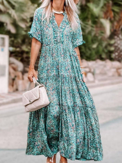 Bohemian Sky Blue Paisley Ruffle Maxi Dress with Mediterranean Vibes