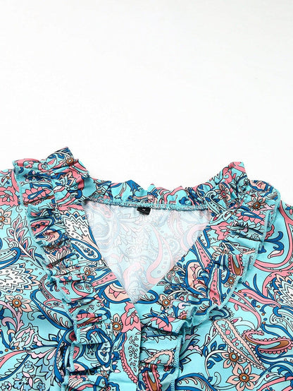 Bohemian Sky Blue Paisley Ruffle Maxi Dress with Mediterranean Vibes