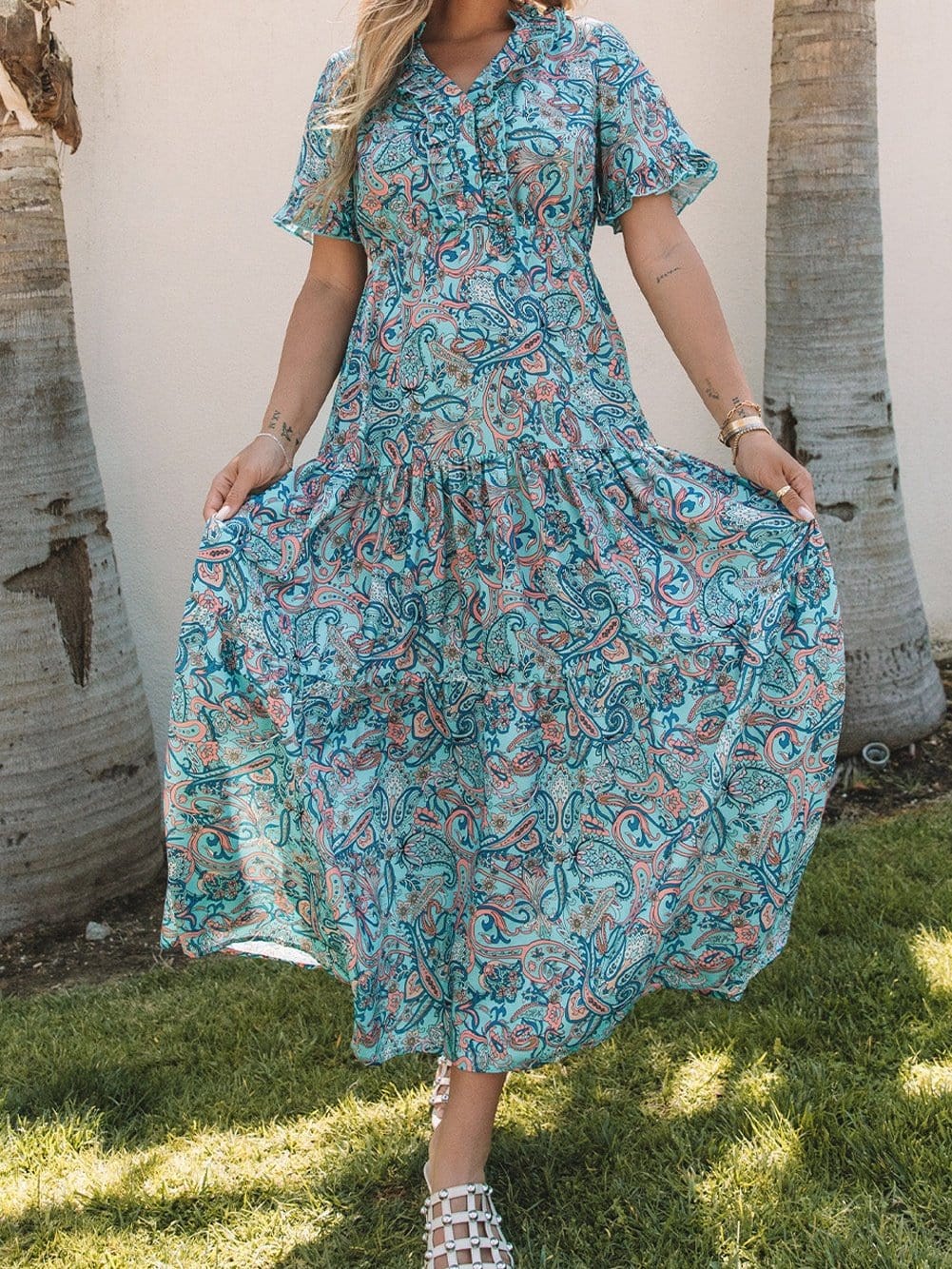 Bohemian Sky Blue Paisley Ruffle Maxi Dress with Mediterranean Vibes