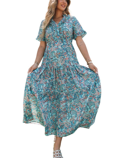 Bohemian Sky Blue Paisley Ruffle Maxi Dress with Mediterranean Vibes