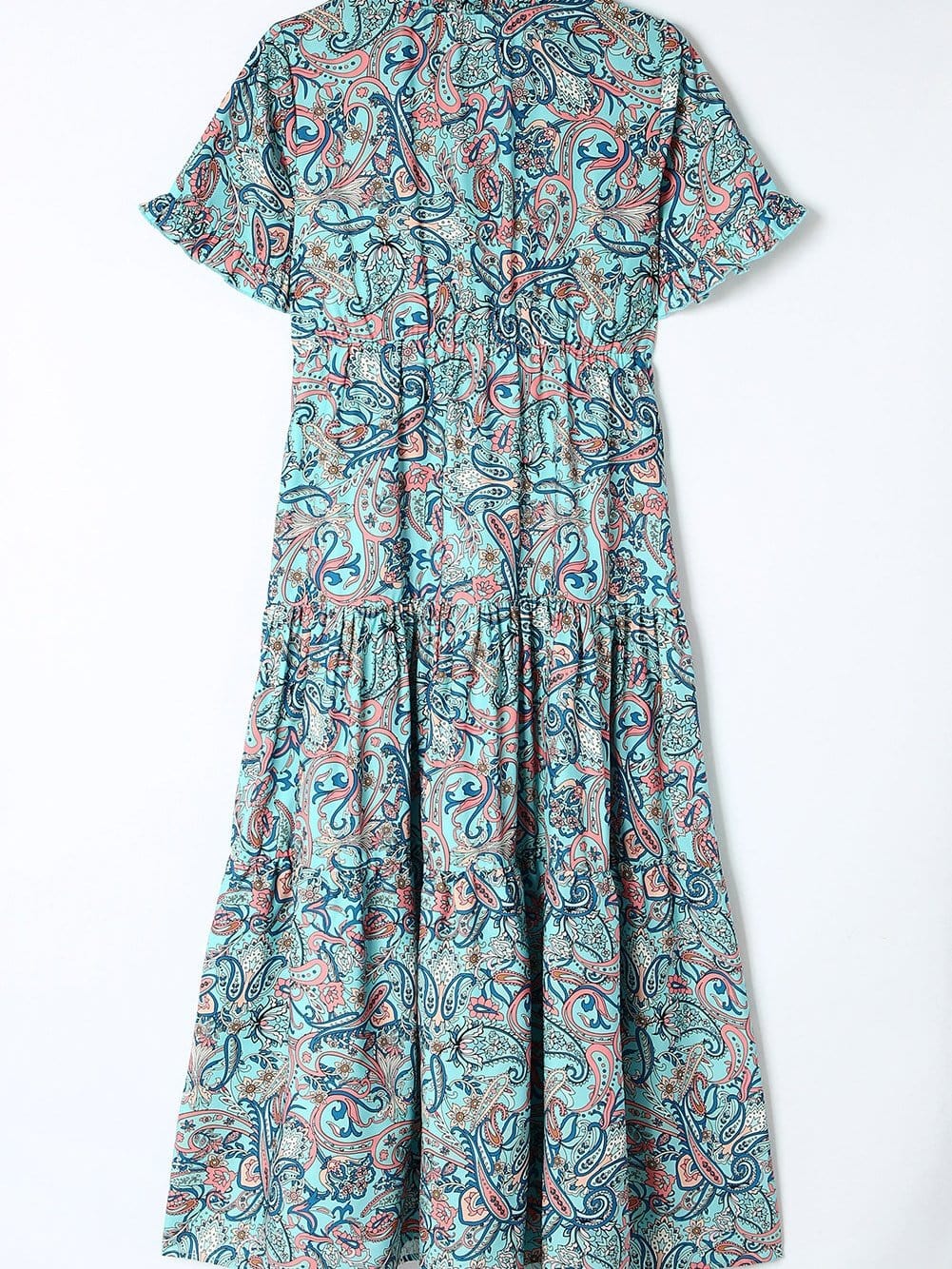 Bohemian Sky Blue Paisley Ruffle Maxi Dress with Mediterranean Vibes