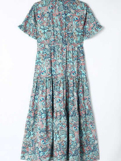 Bohemian Sky Blue Paisley Ruffle Maxi Dress with Mediterranean Vibes