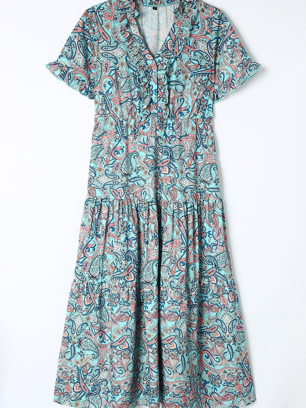 Bohemian Sky Blue Paisley Ruffle Maxi Dress with Mediterranean Vibes