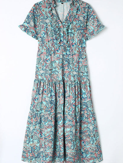 Bohemian Sky Blue Paisley Ruffle Maxi Dress with Mediterranean Vibes