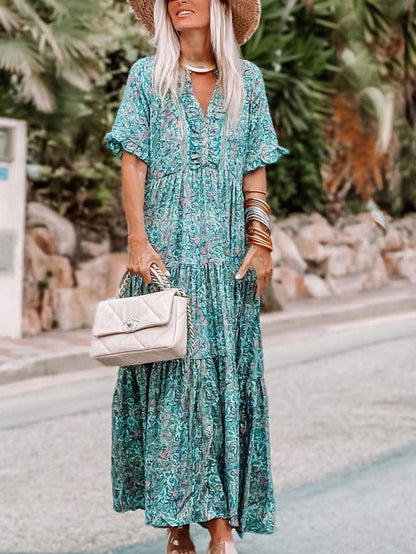 Bohemian Sky Blue Paisley Ruffle Maxi Dress with Mediterranean Vibes