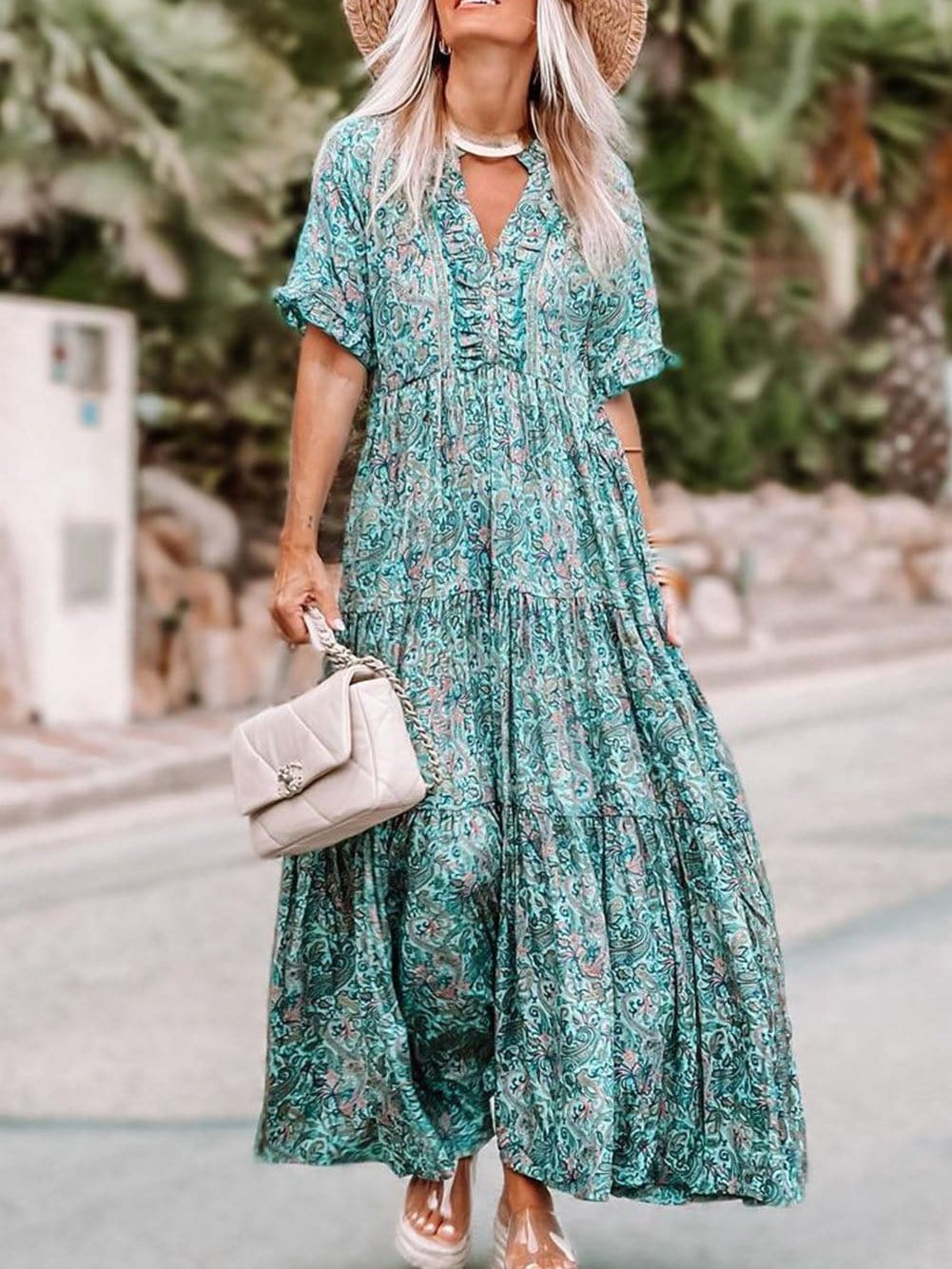 Bohemian Sky Blue Paisley Ruffle Maxi Dress with Mediterranean Vibes