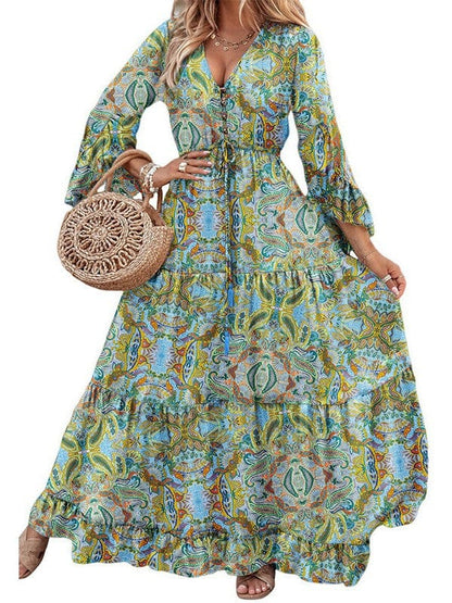 Bohemian Style Floral Printed Long Sleeve Dress with V-Neck and High Waist in Green Size S, M, L