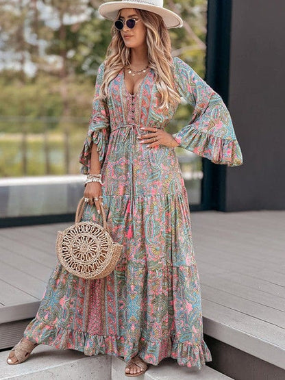 Bohemian Style Floral Printed Long Sleeve Dress with V-Neck and High Waist in Green Size S, M, L