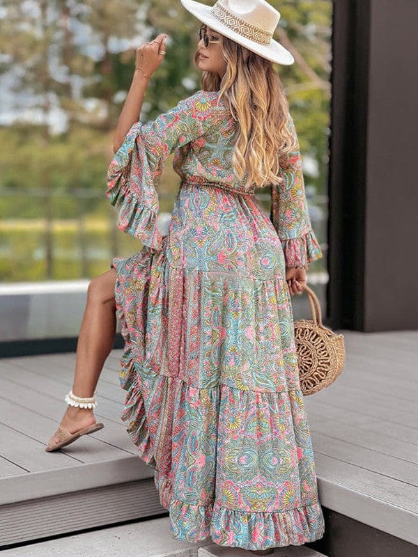 Bohemian Style Floral Printed Long Sleeve Dress with V-Neck and High Waist in Green Size S, M, L