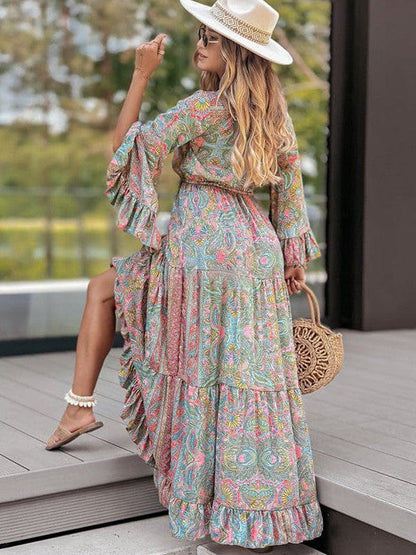 Bohemian Style Floral Printed Long Sleeve Dress with V-Neck and High Waist in Green Size S, M, L