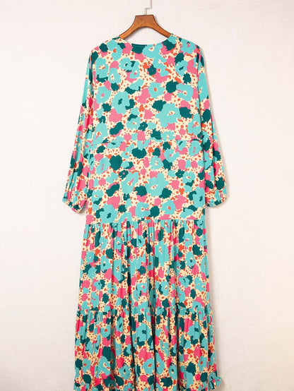 Bohemian V Neck Drawstring Maxi Dress with Ruffle Details