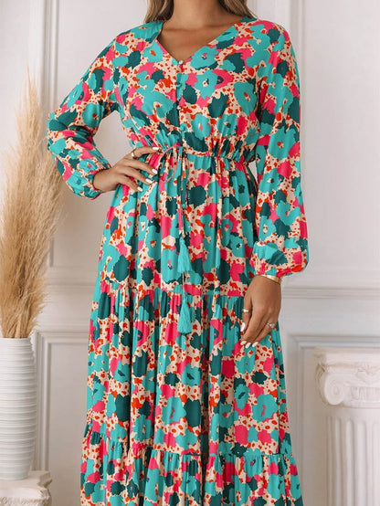 Bohemian V Neck Drawstring Maxi Dress with Ruffle Details