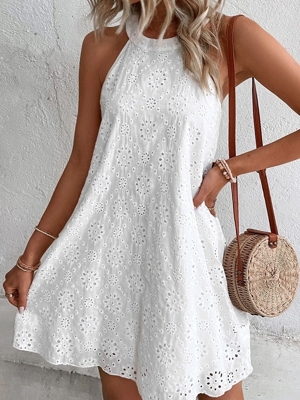 Bohemian White Eyelet Halter Dress with Sleeveless Design
