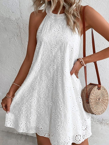 Bohemian White Eyelet Halter Dress with Sleeveless Design