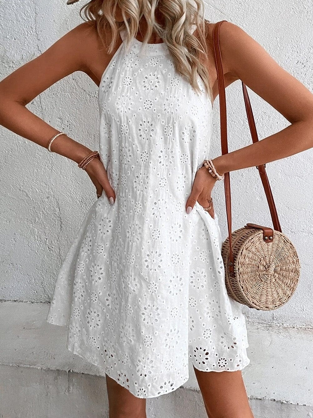 Bohemian White Eyelet Halter Dress with Sleeveless Design