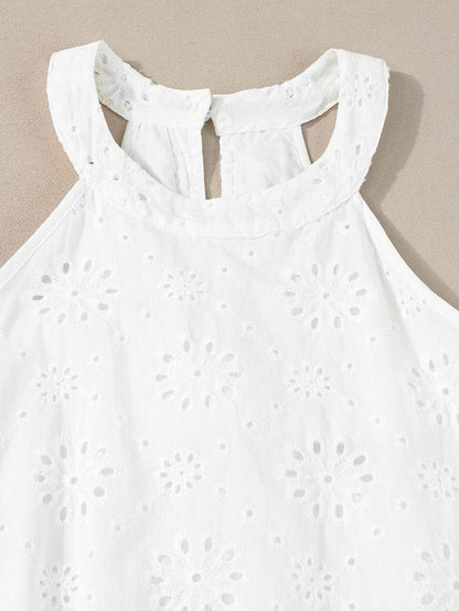 Bohemian White Eyelet Halter Dress with Sleeveless Design