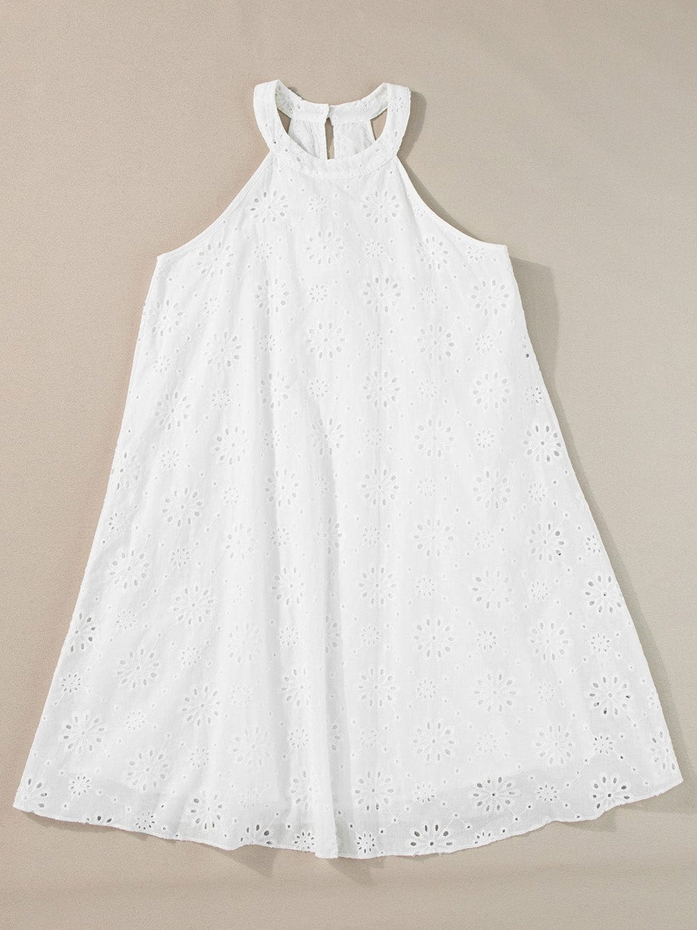 Bohemian White Eyelet Halter Dress with Sleeveless Design