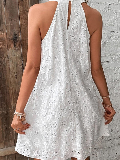 Bohemian White Eyelet Halter Dress with Sleeveless Design