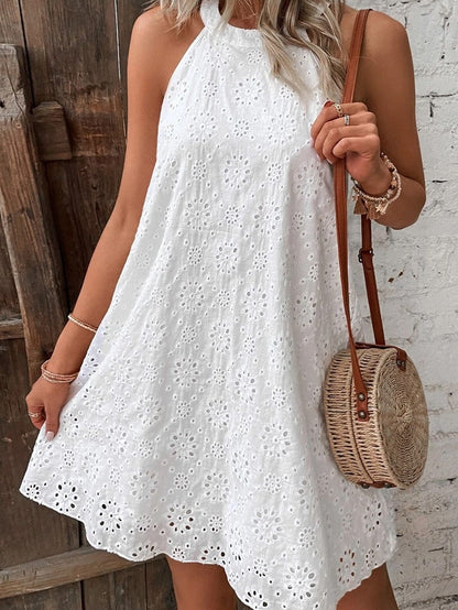 Bohemian White Eyelet Halter Dress with Sleeveless Design