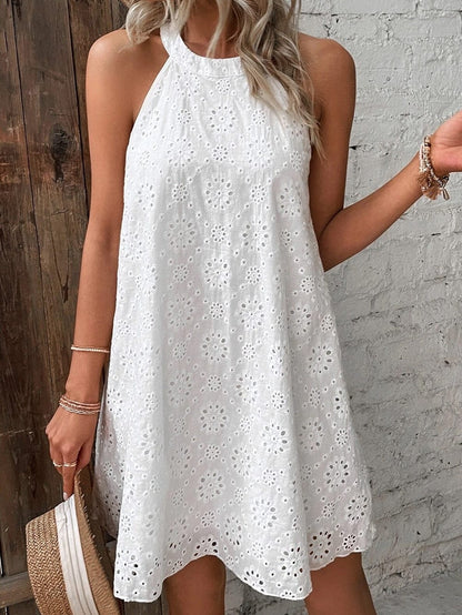 Bohemian White Eyelet Halter Dress with Sleeveless Design