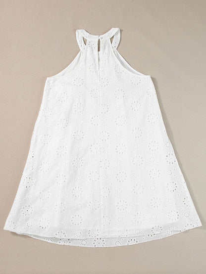Bohemian White Eyelet Halter Dress with Sleeveless Design