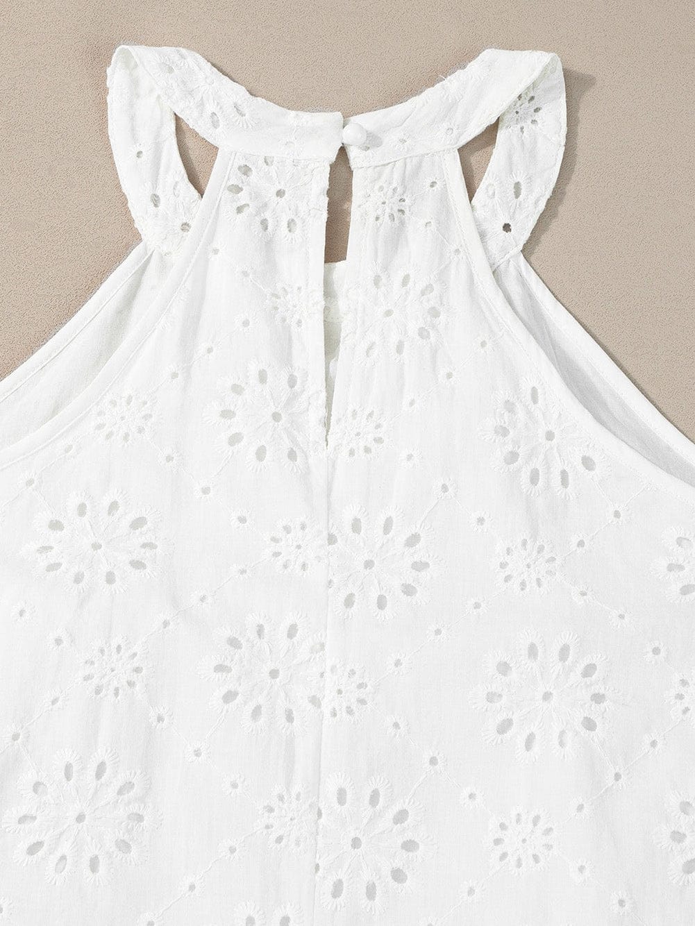 Bohemian White Eyelet Halter Dress with Sleeveless Design