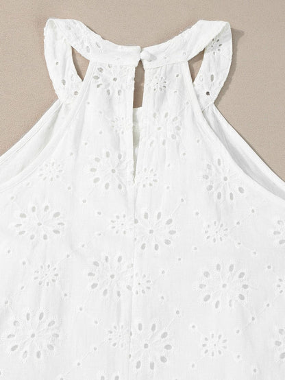 Bohemian White Eyelet Halter Dress with Sleeveless Design
