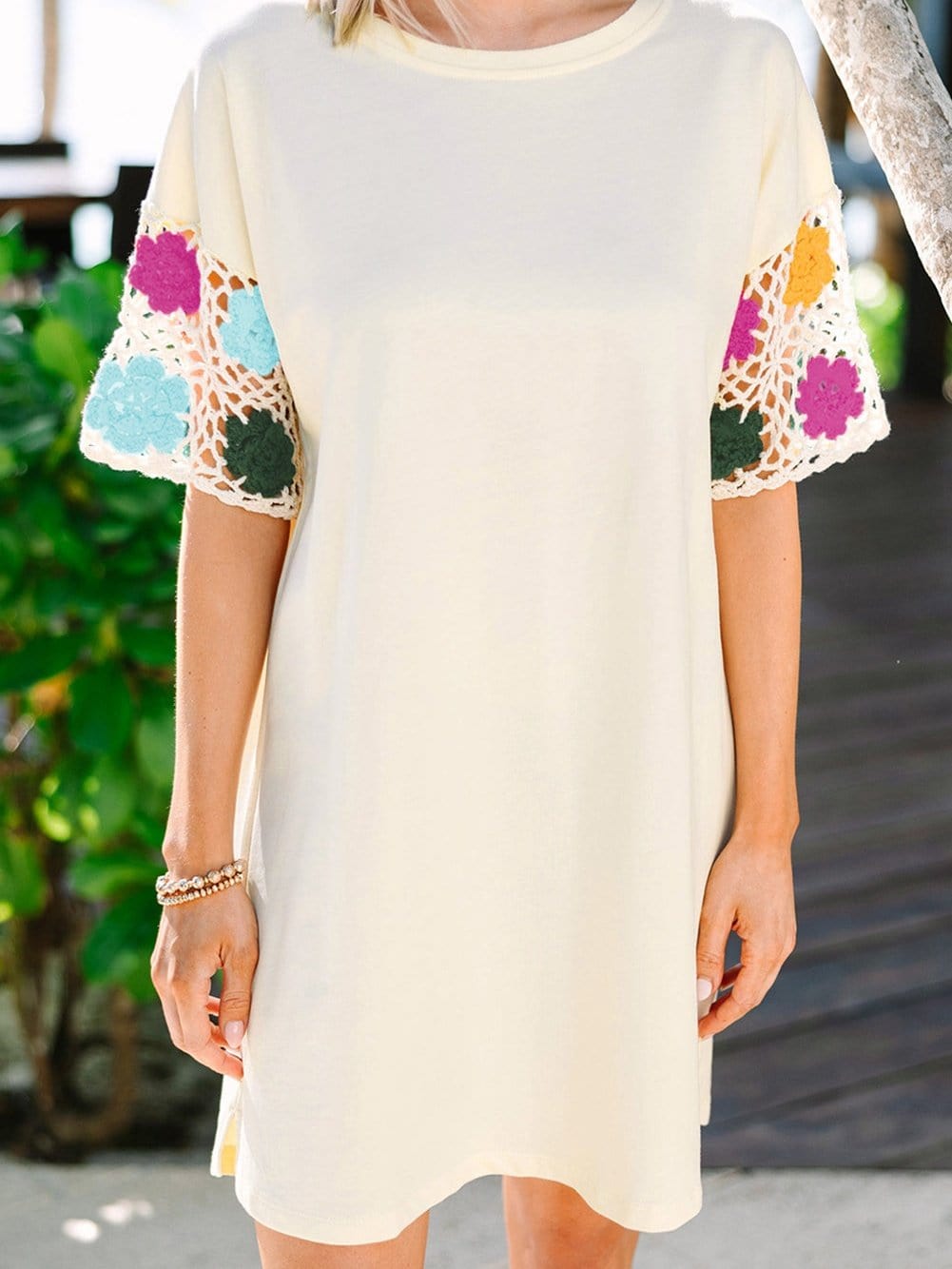 Bohemian White Floral Crochet Patchwork Tunic Dress