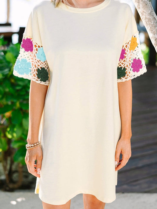 Bohemian White Floral Crochet Patchwork Tunic Dress