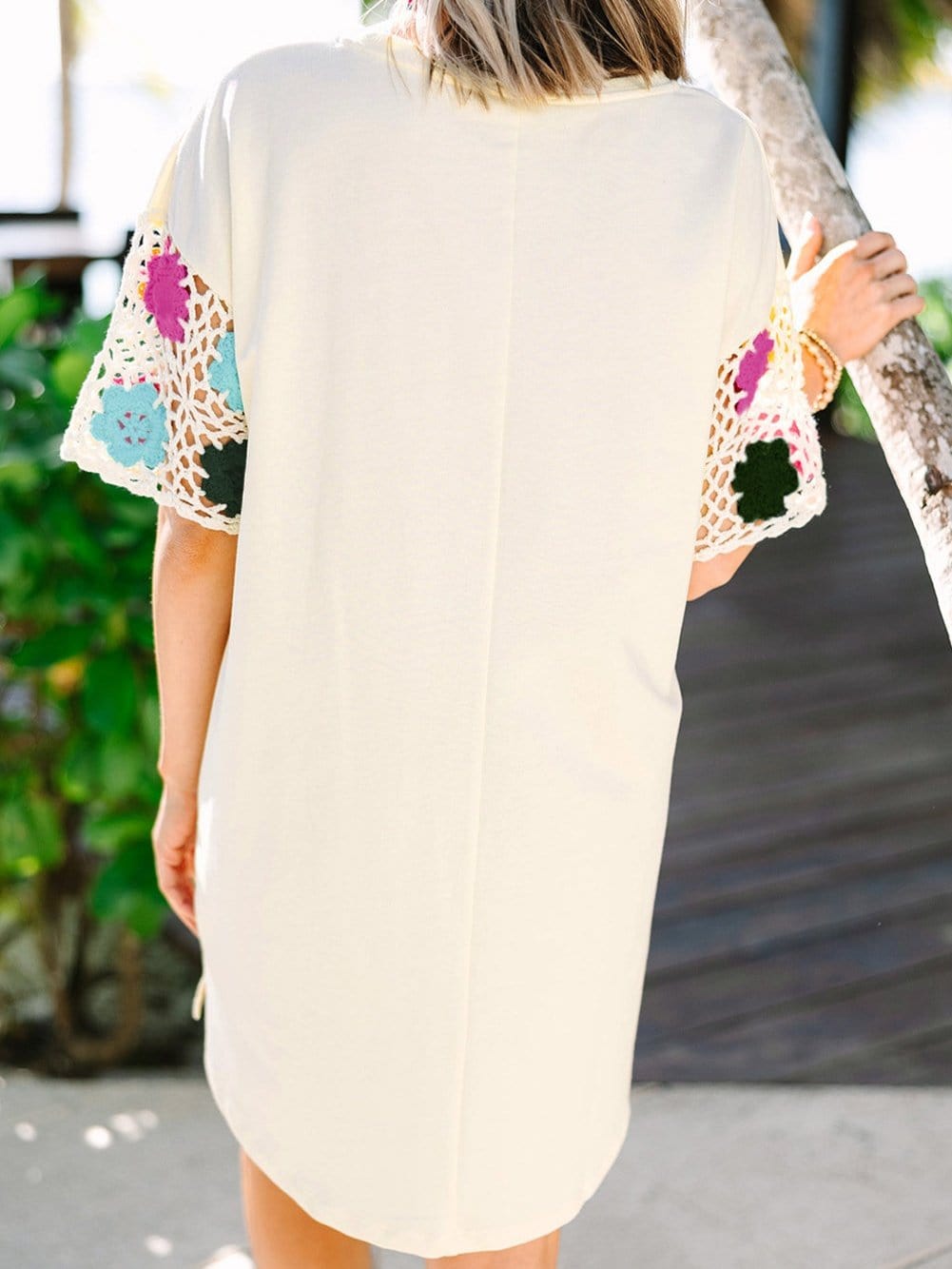 Bohemian White Floral Crochet Patchwork Tunic Dress