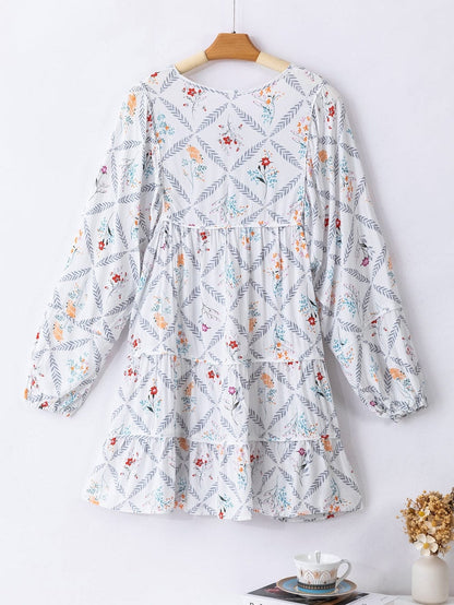 Bohemian White Floral Mini Dress with Puff Sleeves