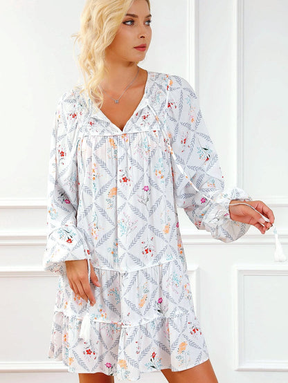 Bohemian White Floral Mini Dress with Puff Sleeves