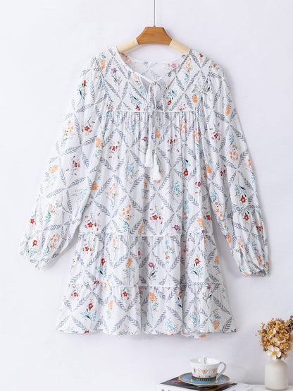 Bohemian White Floral Mini Dress with Puff Sleeves