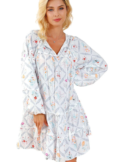 Bohemian White Floral Mini Dress with Puff Sleeves