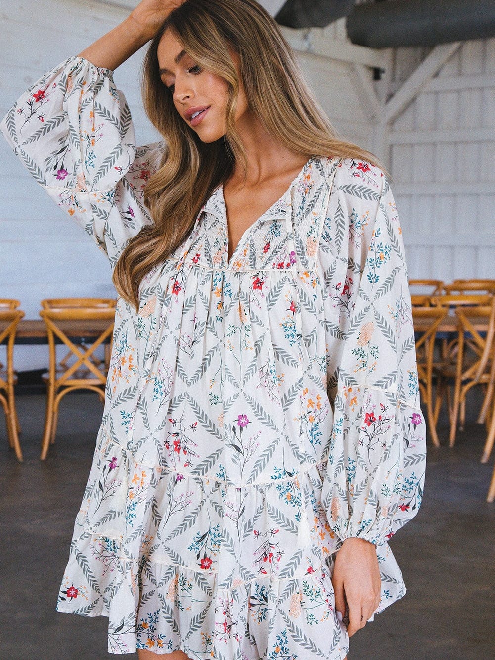 Bohemian White Floral Mini Dress with Puff Sleeves