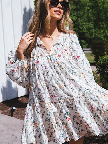 Bohemian White Floral Mini Dress with Puff Sleeves